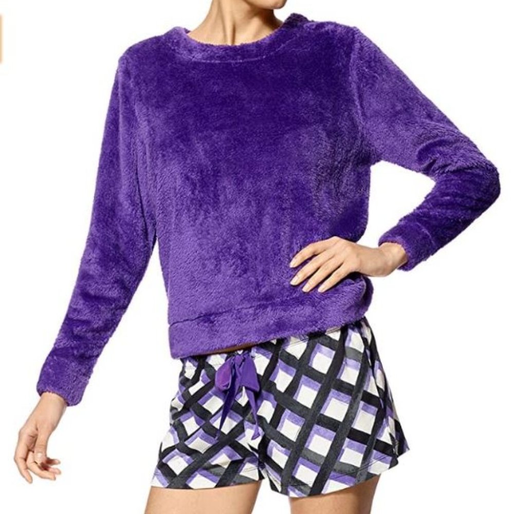 Hue Purple Fuzzy Plaid Boxer Shirt Pajama Set Wmn's Size Medium PJ61533 - Picture 1 of 1